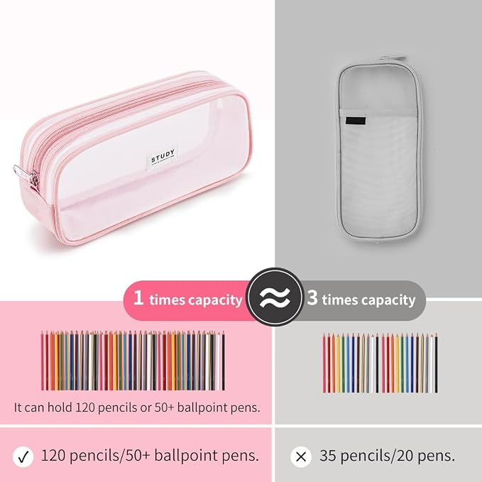 KALIDI Grid Mesh Pencil Case Pouch Large Capacity Pencil Bag with Zipper | Big Pencil Pouch Pink Simple Stationery Bag Aesthetic Pen Bag for School Teen Girl Boy Multi-Purpose Bag for Office Men Women