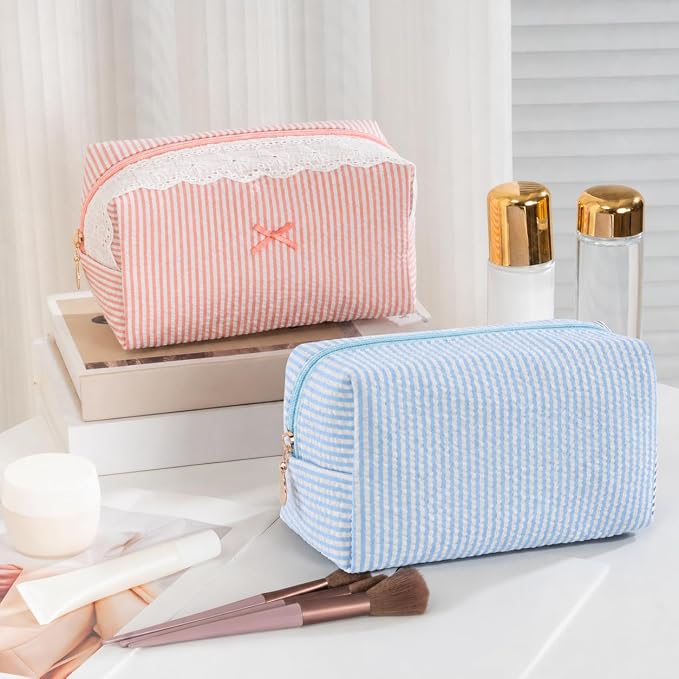 Makeup Bag Travel Toiletry Bag for Women, Small Cosmetic Bags Cute Light Blue Stripe Aesthetic Organizer Makeup Pouch for Purse Emergency Bag Pencil Case Accessory Bag