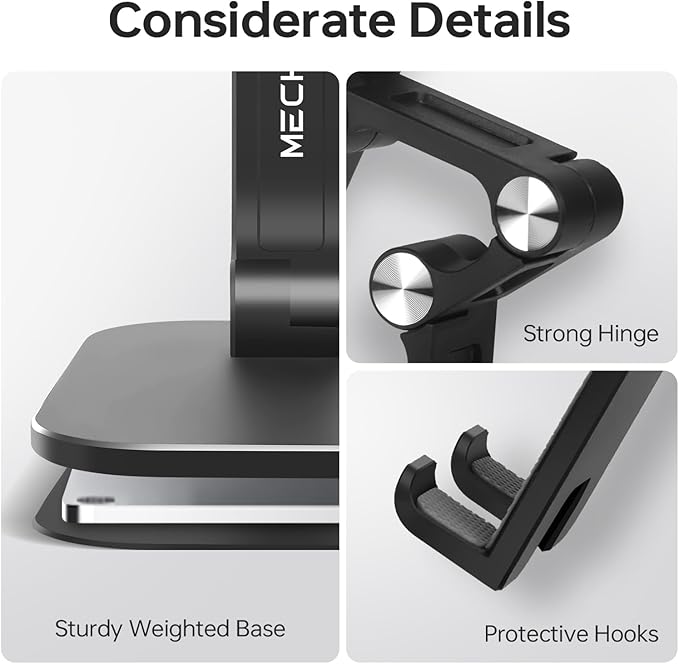 Foldable Phone Stand for Desk - Adjustable Height & Angle Cell Phone Holder, Portable Tablet Stand with Anti-Slip Base for Home, Office, and Travel, Compatible with iPhone & All 4-11" Devices (Black)