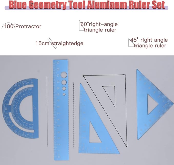 4 Pack Blue Metal Math Geometry Tools Aluminum Alloy Straightedge Triangle Ruler Protractor, Steel Graphic Design Tools Drafting Tool for Student Teacher Metric Drawing and Drafting
