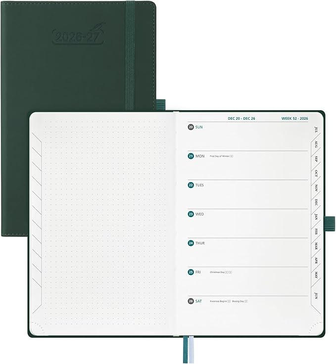 BEZEND Weekly Planner 2026 2027 Dot‑Grid Journal in One (5.5" x 8.5") 12 Month Academic Calendar with Tabs (Jul.26-Jun.27) for Student/School, 100gsm Thick Paper, PU Leather Hardcover - Forest Green