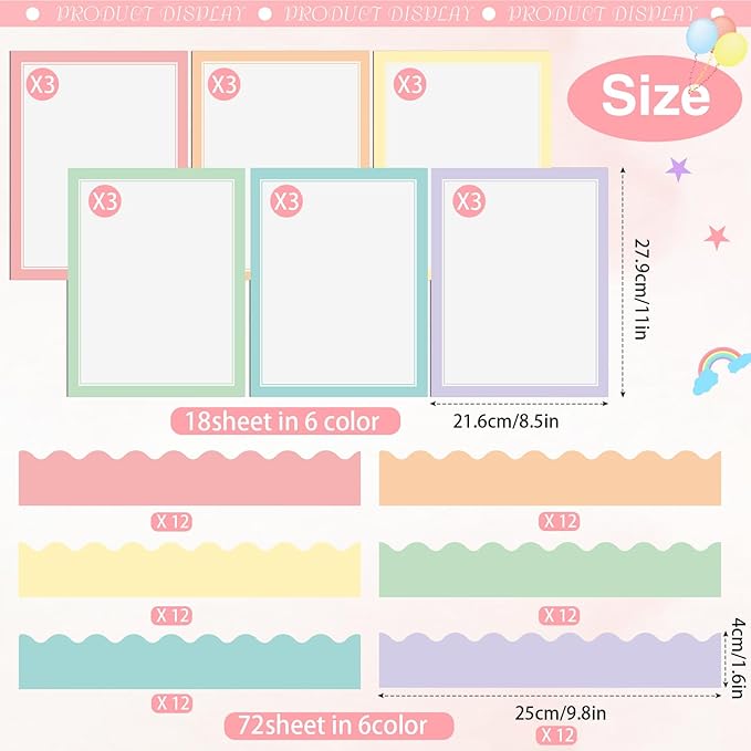 90 Pcs Science Fair Board Supplies Include 72 Trim Scalloped Bulletin Borders 18 Presentation Board Subtitles for Classroom Office Display(Macaron)