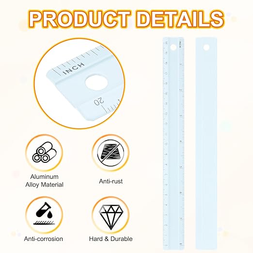 HARFINGTON Metal Straight Ruler 8 Inch(20cm) Metric Aluminum Alloy Measuring Rulers Scale Tool with Hole for Measure Study Reading Classroom Office, Light Blue