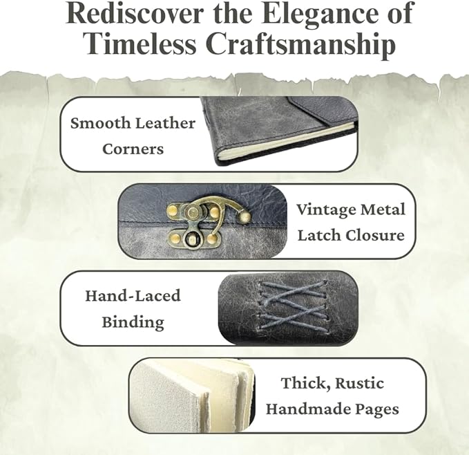 Leather Journal Notebook Recycled Notebook with Antique Metal Closure 200 Unlined Cotton Pages Notebook 125 GSM 6X8inch, Gift for Writer