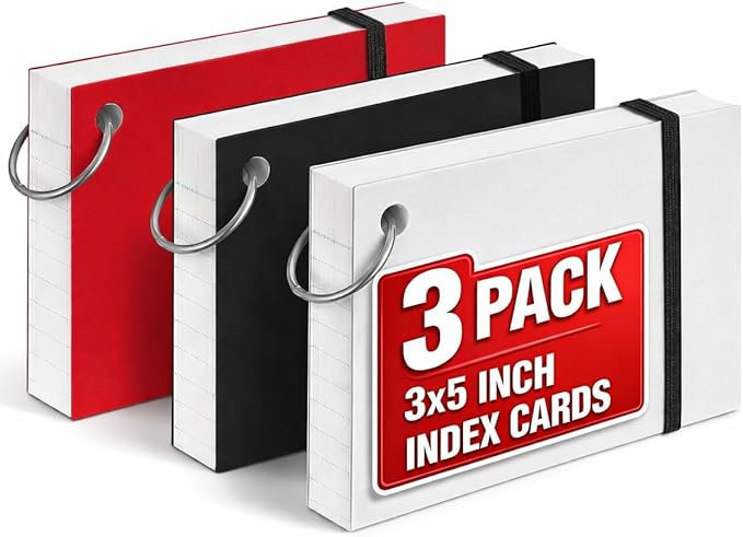 1InTheOffice Index Cards with Ring 3x5, Flash Cards with Binder Ring, Single Hole Punched Notecards, 65 Cards, 3 Pack
