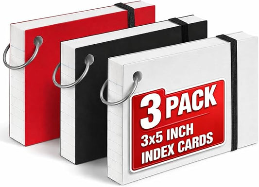 1InTheOffice Index Cards with Ring 3x5, Flash Cards with Binder Ring, Single Hole Punched Notecards, 65 Cards, 3 Pack