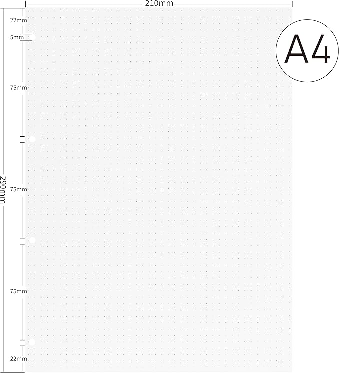 A4 Dot Grid Paper 290x210mm - 135 Sheets 100GSM Dotted Notebook Refill - 4-Hole Punch for A4 4-Ring Binders & Lever Arch Files - 5mm Spacing for Bullet Journals, Notes & Sketching