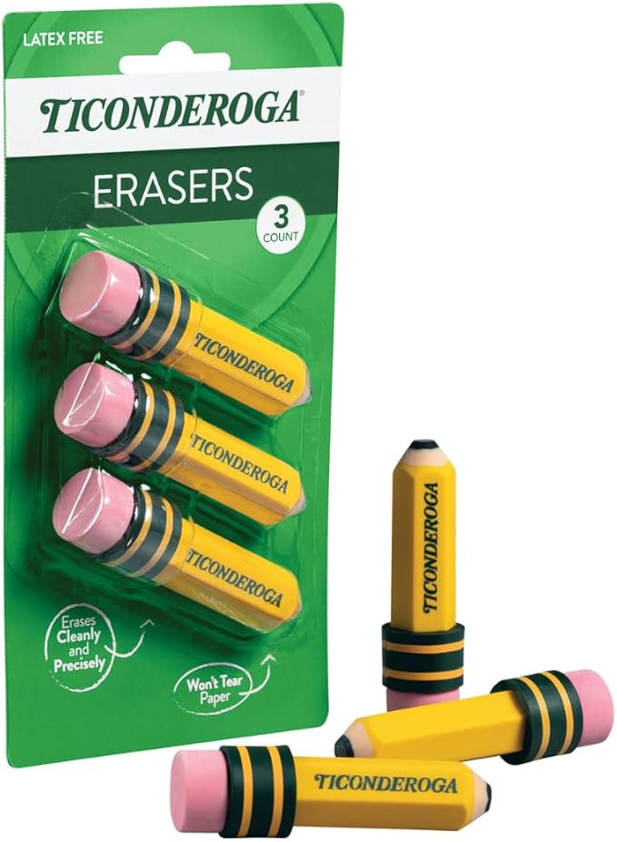 Ticonderoga Pencil Shaped Erasers (38953), 0.75" x 2.875", Yellow, 3/Pack, Class Set of 12 Packs, 36 Erasers Total