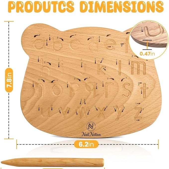 Double-Sided Wooden Alphabet Tracing Board, Premium Natural Wood, Uppercase & Lowercase Letters (19.5x16x1.45cm Bear)