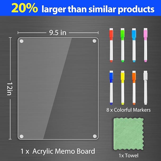 PigPotParty Clear Acrylic Magnetic Whiteboard for Fridge, 1 Pack 9.5"x12" Dry Erase Board Blank Memo to Do Shopping/Grocery List Meal Planner Chore Chart for Adult Teens Kids, w/ 8 Markers & 1 Towel