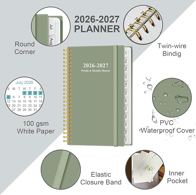 2026-2027 Pocket Planner/Calendar - 2026-2027 Planner from July 2026 - June 2027, Planner 26-27 with 12 Tabs, Twin-Wire Binding, Inner Pocket, 3.75" x 6.75, Green