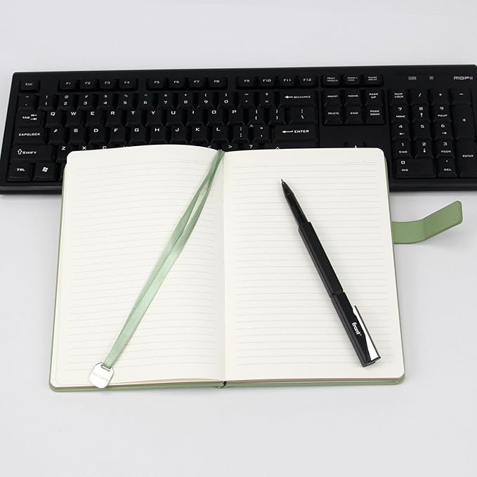 A5 Hard Cover Notebook with Pen Holder, Gold Edges & 180° Lay Flat - Large 5.7x8.4 Lined, Bookmark, Gift Box - Durable Journal for Office, Study, Travel - Writers, Students (Grass Green)