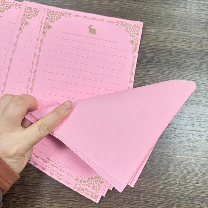 100 Sheets Pink Rabbit Stationery Lined Paper,A5 Stationery Writing Paper with Antique Border Design,Letter Size (Unpunched) Ruled Filler Paper for Writing Letters,Vintage Invites