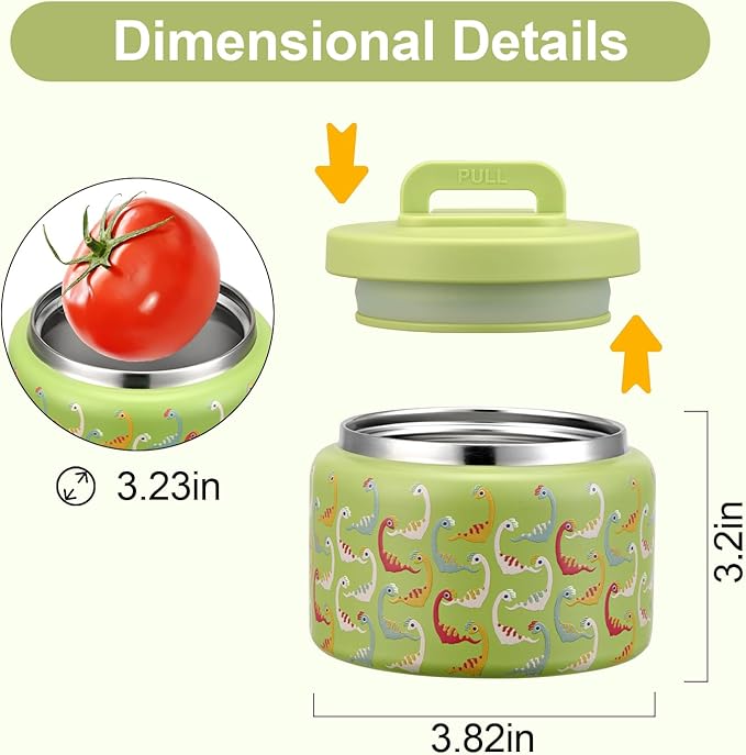 JXXM 8 Oz Thermo Food Jar for Hot & Cold Food for Kids, Insulated Lunch Containers Hot Food Jar,Leak-Proof Vacuum Stainless Steel Wide Mouth Lunch Soup Thermo for School (Green-Colorful Dinosaur)