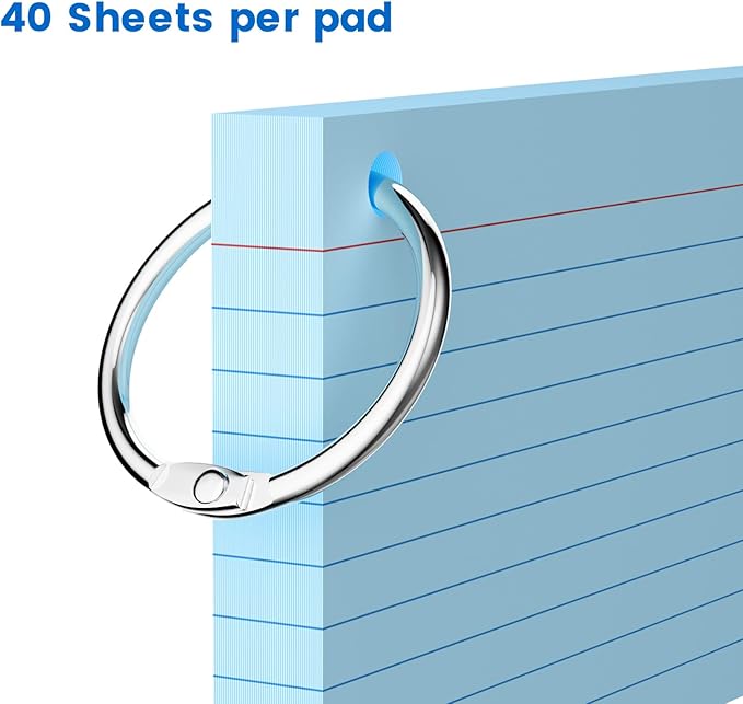 250 Count Index Cards 3x5 Inch with Key Ring, 180gsm Heavy Weight Colored Flash Cards 5 Color Assortment (50 Sheets Each) Note Taking for Students, Study Note Cards for Office School Supplies
