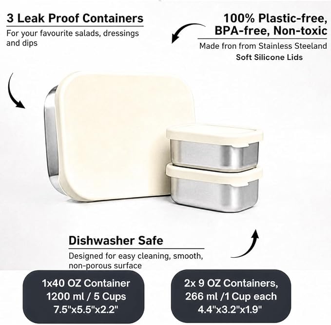 Modaniam Flexibento - 40 OZ Set -Leak proof Stainless Steel Lunch Box Containers, Lunch Containers with Silicone Lids,Steel Bento Box,Metal lunch Box, Vanilla set of 3, 1 * 40OZ + 2 * 9 OZ