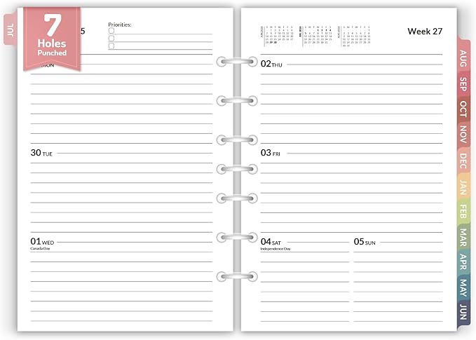 Forvencer 2026 Weekly & Monthly Planner Refills for A5 7-Ring Binders, July 2026 - Jun 2027, 7-Hole Punched Planner Inserts with Colorful Monthly Tabs, Small Calendar Organizers, 5-1/2" x 8-1/2"