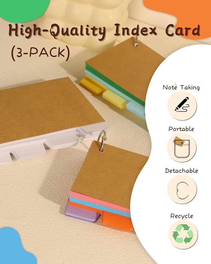 Tabbed Index Cards with Ring 3x5, Lined Colored Flash Card with Tabs, Assorted Colors Thicken Notecards School Supplies for Students Study Note Office Essentials (ColorA+ColorB+White, 300PCS)