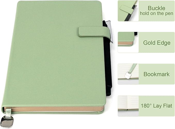 A5 Hard Cover Notebook with Pen Holder, Gold Edges & 180° Lay Flat - Large 5.7x8.4 Lined, Bookmark, Gift Box - Durable Journal for Office, Study, Travel - Writers, Students (Grass Green)