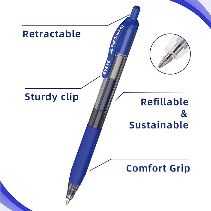 EYEYE G-103 Retractable Gel Pens Medium Point, Pack of 10 Assorted Colors 0.7mm Gel Ink Pen Quick Dry, Ballpoint Pen Fine Point Smooth Writing Pens for for Office School Supplies