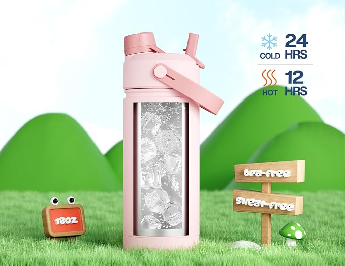 Kids Water Bottle for School: 2-in-1 Straw Spout Lid with Soft Animal Head, Leakproof, Backpack Friendly, Keep Cold 24H, Insulated cup for Sports, Playground, Holiday Gift, 18oz, (Cotton Candy)