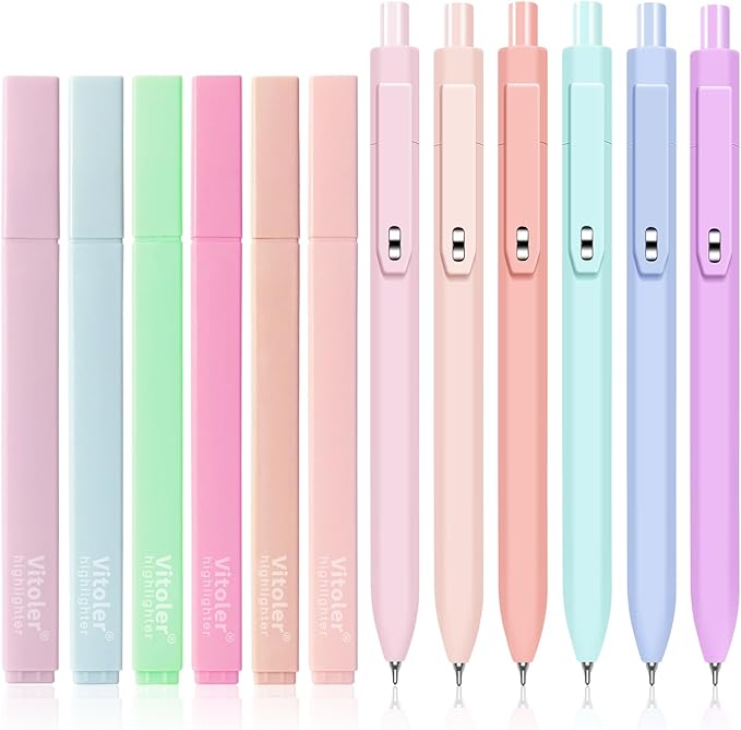 Vitoler Bible Highlighters and Pens, 6 Black Pens & 6 Highlighters | for Study, Journaling and Office Best Gifts for Teacher Nurse Mothers Day