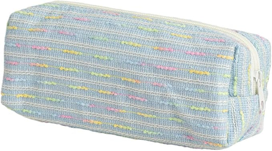 Pencil Case Pouch, Cute cartoon strawberry cake pencil case with versatile colorful lines and large capacity storage bag(Blue Square)