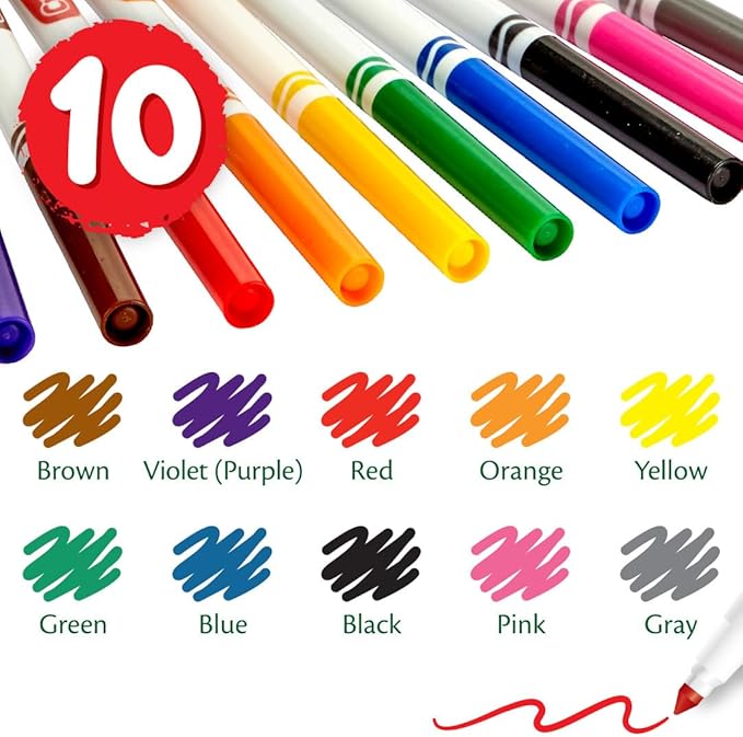 Crayola Fine Line Markers for Kids, Bulk Coloring Markers for School, 10 Assorted Colors, Essential Teacher Classroom Supplies, Ages 3, 4, 5, (Pack of 24)