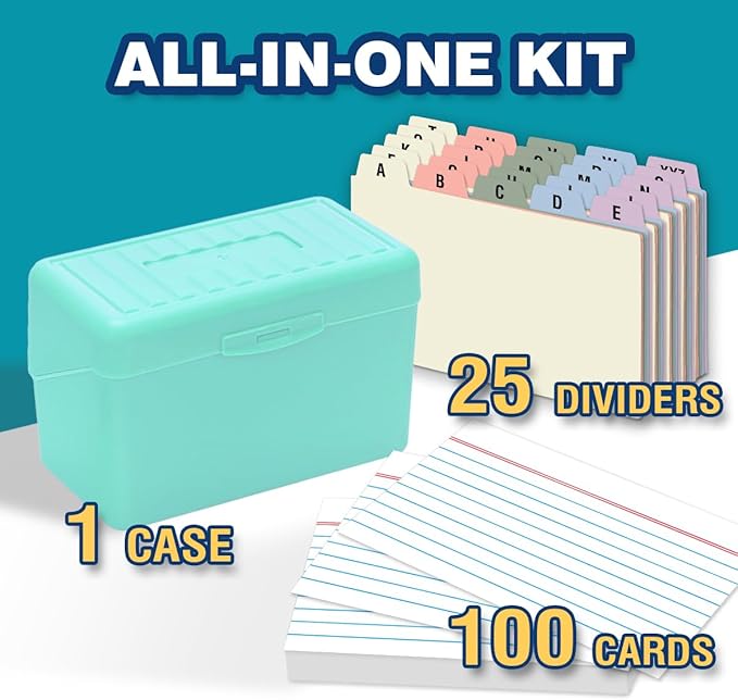 H4D 3x5 Index Card Holder with 100 Heavyweight Ruled Index Cards and 25 Plastic Dividers, Mint Green