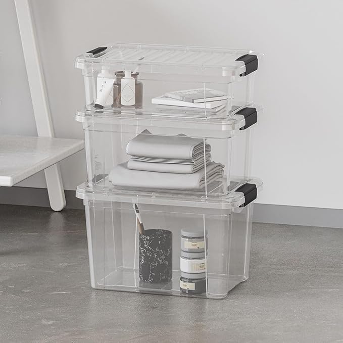 Superio Clear Storage Boxes with Lids, 4.5 Quart Plastic Container Bins for Organizing, Stackable Crates, BPA Free, Non Toxic, Odor Free, Organizers for Home, Office and Dorm, 3 Pack