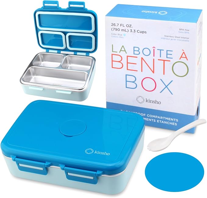 kinsho Stainless Steel Bento Box Lunch Container for Boys Kids, Blue | Heavy Duty, Removable Metal Tray with Silicone Seals, Reuseable Meal or Snack Container for School 790 mL
