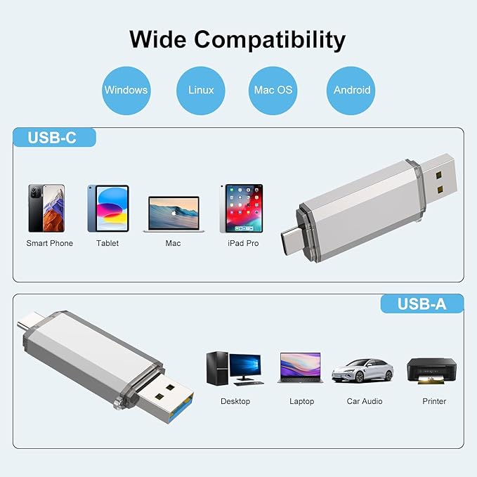RAOYI 128GB USB C Flash Drive, 2 in 1 USB 3.0 Type C Dual OTG Metal Thumb Drive Jump Drive Memory Stick with Keychain Suitable for USB-C Smartphones, MacBook, Computers and Tablets (Silver)