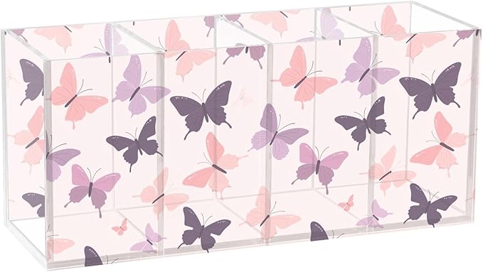 Aslsiy Butterfly (31) Pen Holder for Kids 4 Compartments Acrylic Pencil Holder Clear Makeup Brush Holder Desk Organizer Office Supplies