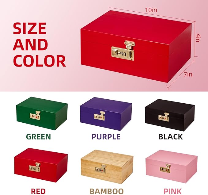 Bamboo Wood Desktop Organizer with 3 Glass Jars and Sliding Tray - Red Multi-Compartment Storage Case for Craft Supplies, Stationery, and Small Accessories (Red)