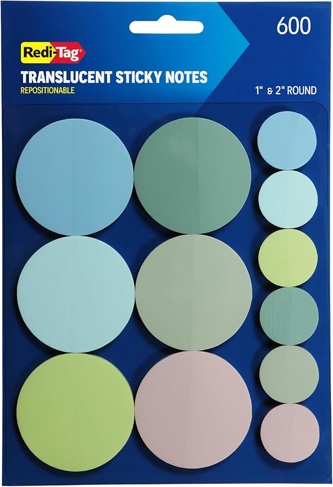 Redi-Tag Transparent Sticky Notes, 12 Pads Per Pack, Circle Sticky Notes, Small Sticky Tabs for Organizing, 6 Pads of 1 inch Notes & 6 Pads of 2 inch Notes, 12 Calming Colors (1016720)
