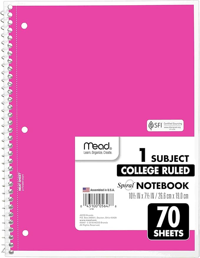 Mead Spiral Notebook, 12 Pack of 1-Subject College Ruled Spiral Bound Notebooks, Pastel Color Cute School Notebooks, 70 Pages