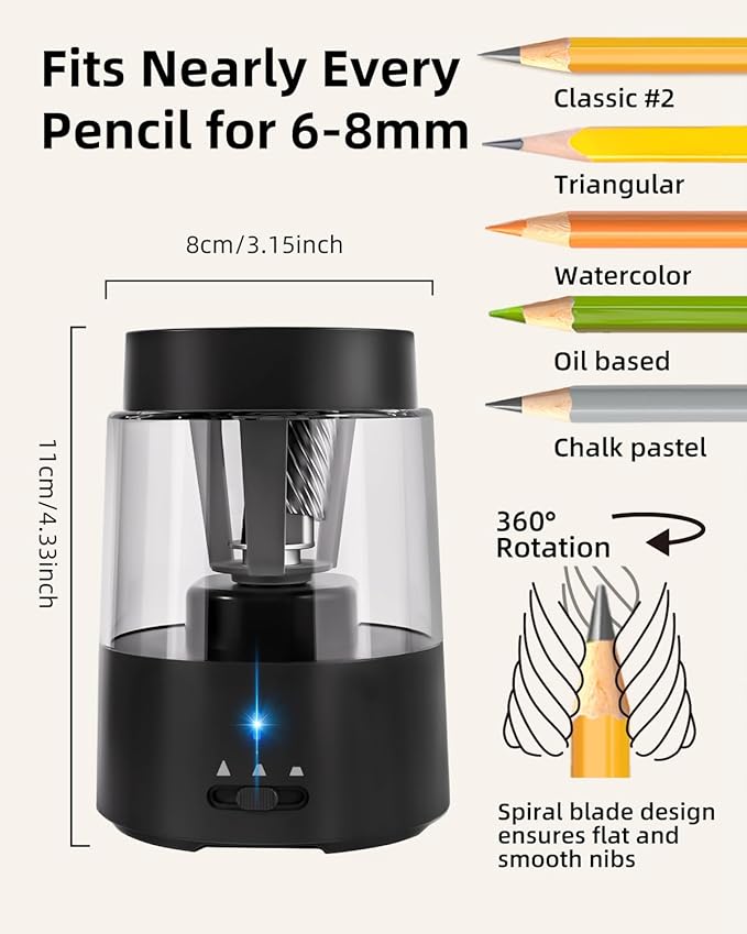 ZMOL Electric Rechargeable Pencil Sharpener, Automatic Pencil Sharpeners Kids, Battery Powered Pencil Sharpeners for Colored Pencils, Auto Stop, Suitable for No.2(6-8mm), Classroom/Home Black