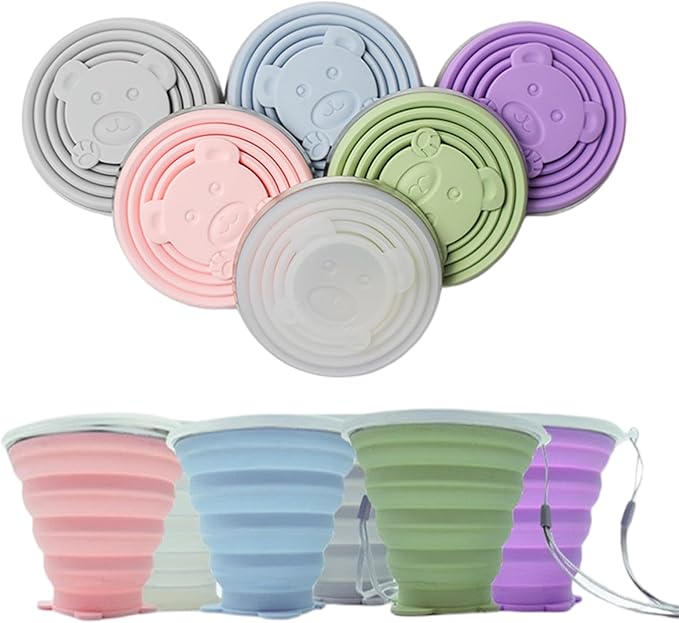 Silicone Collapsible Travel Cup, 6 Pcs Silicone Folding Camping Cup with Lids - Expandable Drinking Cup Set - Portable - 6.09oz (180ml)