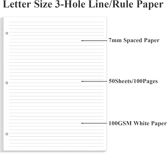 3 Hole Lined Paper for A4 Binder - 50 Sheets/100 Pages Loose Leaf Paper Line Refills, 5 Sheets Dividers, 8.5" x 11"