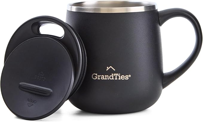 GRANDTIES 11oz Insulated Coffee Mug with Sliding Lid, Wine-Glass Shape Thermal Tumbler with Double Walled Vacuum Stainless Steel to Keeps Beverages Hot or Cold (Midnight Black)