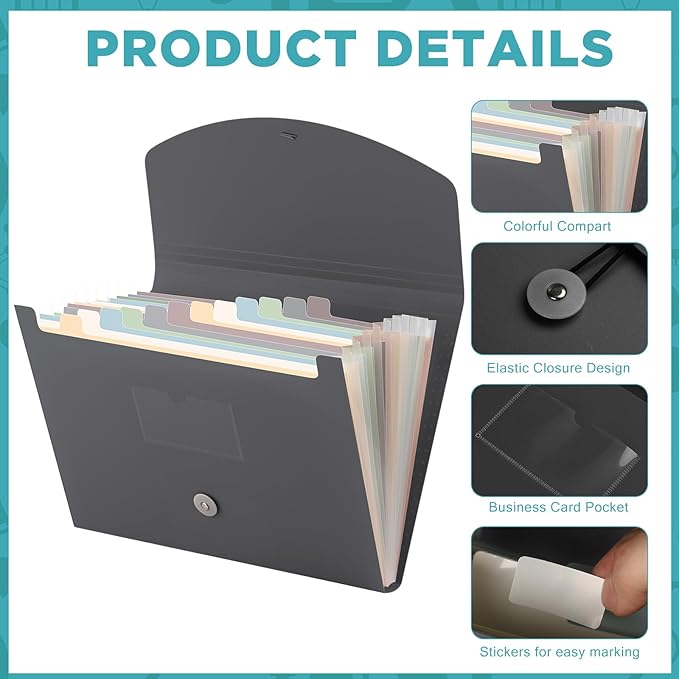 Cholemy Expanding File Folder 13 Pockets File Organizer with Labels A4 Letter Size Receipt Document Organizer Plastic Expandable Filing Folders for Office, Home(Gray)