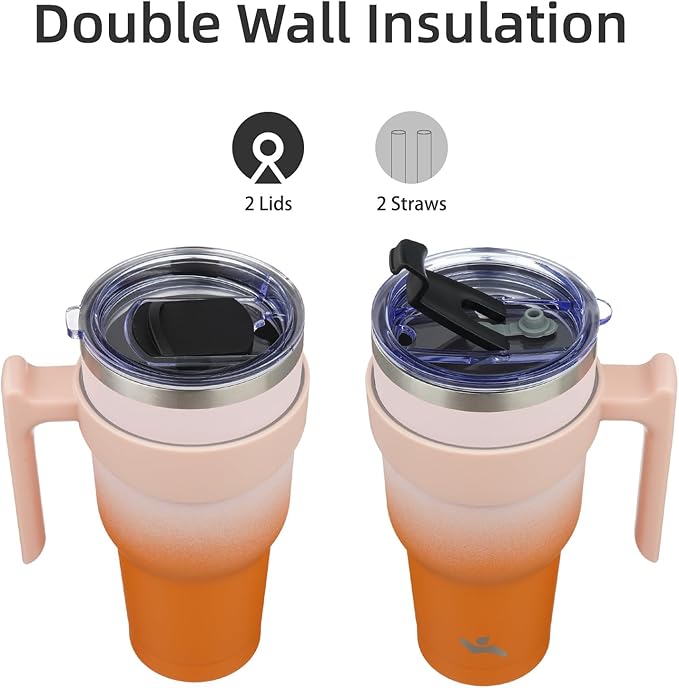 Konokyo 30 oz Tumbler with Handle and 2 Straw 2 Lid, Insulated Water Bottle Stainless Steel Vacuum Cup Reusable Travel Mug,Coral