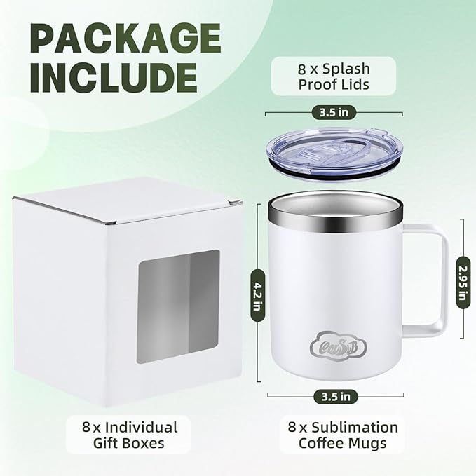 12oz Insulated Coffee Mug with Handle, Stainless Steel Wide Mouth Travel Tumblers with Lid, Double Wall Vacuum Coffee Cup for Camping, Office, White 8 Packs