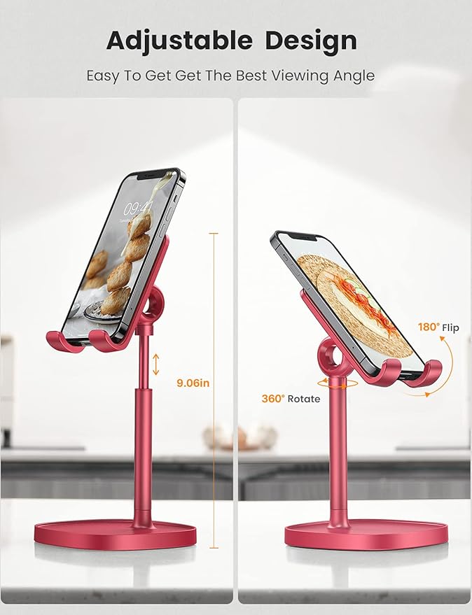 LISEN Cell Phone Stand Adjustable Phone Holer for Desk, Computer Office Desk Accessories for iPhone 16 Holder Women Kitchen Essentials Fits Switch Kindle iPads Tablet 4-10in (Red)