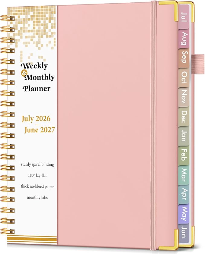 Academic Planner 2026-2027, Hardcover Weekly and Monthly Calendar Planner from July 2026 - June 2027, Daily Agenda Planners with Tabs, College School Organizer for Student Teacher, A4 (8.5" x 11"), Pink