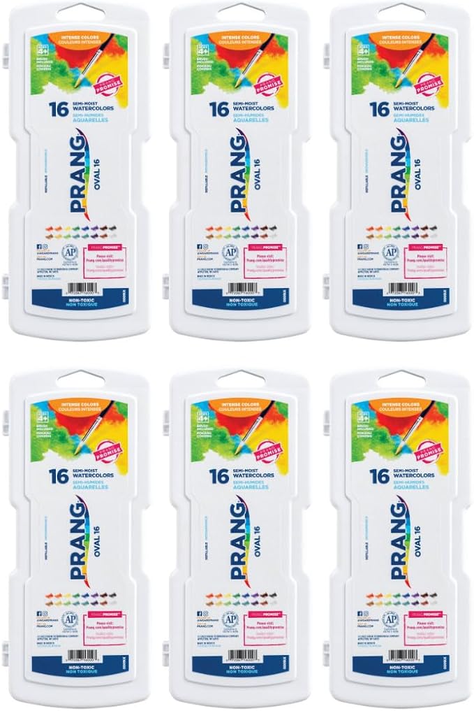 Prang Semi-Moist Watercolors 16-Color Refillable Oval Pan Set with Size 6 Paintbrush, Class Pack of 6