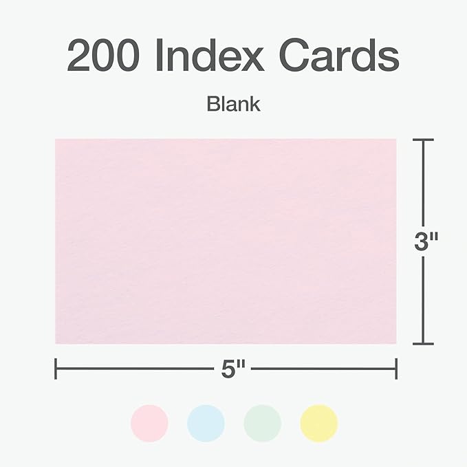 Oxford Blank Index Cards, Blank Note Cards, Flashcards for School, 4 Assorted Pastel Colors: Pink, Blue, Green and Yellow, 3 Inch x 5 Inch, 200 Cards Per Pack (1017491)
