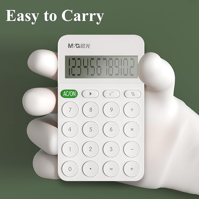 M&G Desk Calculator 12 Digit With Large LCD Display and Buttons, Automatic Sleep, Portable Cute for School Home Business Office, Battery Included (White)
