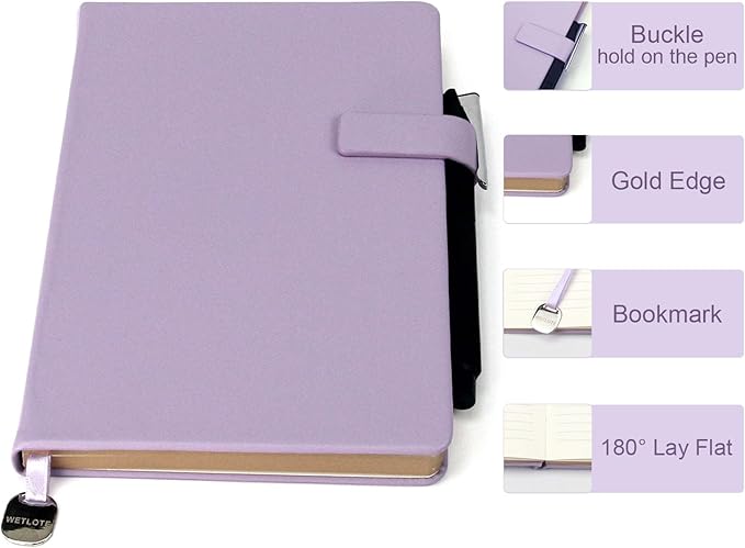 A5 Hard Cover Notebook with Pen Holder, Gold Edges & 180° Lay Flat - Large 5.7x8.4 Lined, Bookmark, Gift Box - Durable Journal for Office, Study, Travel - Writers, Students (Light Purple)