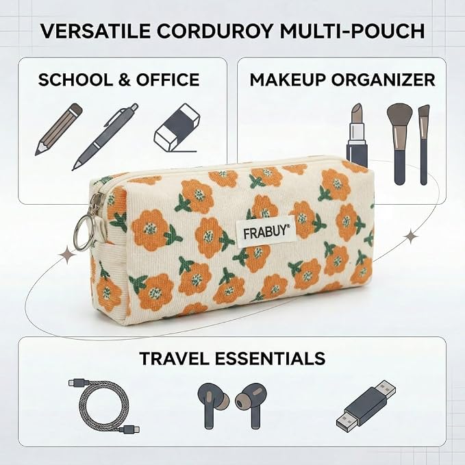 Soft Corduroy Pencil Case Pen Pouch Organizer, Small Stationery Bag | Cute beige plum blossoms pencil pouch, smooth zipper, daily cosmetics holder, compact organizer for school teen girls, women